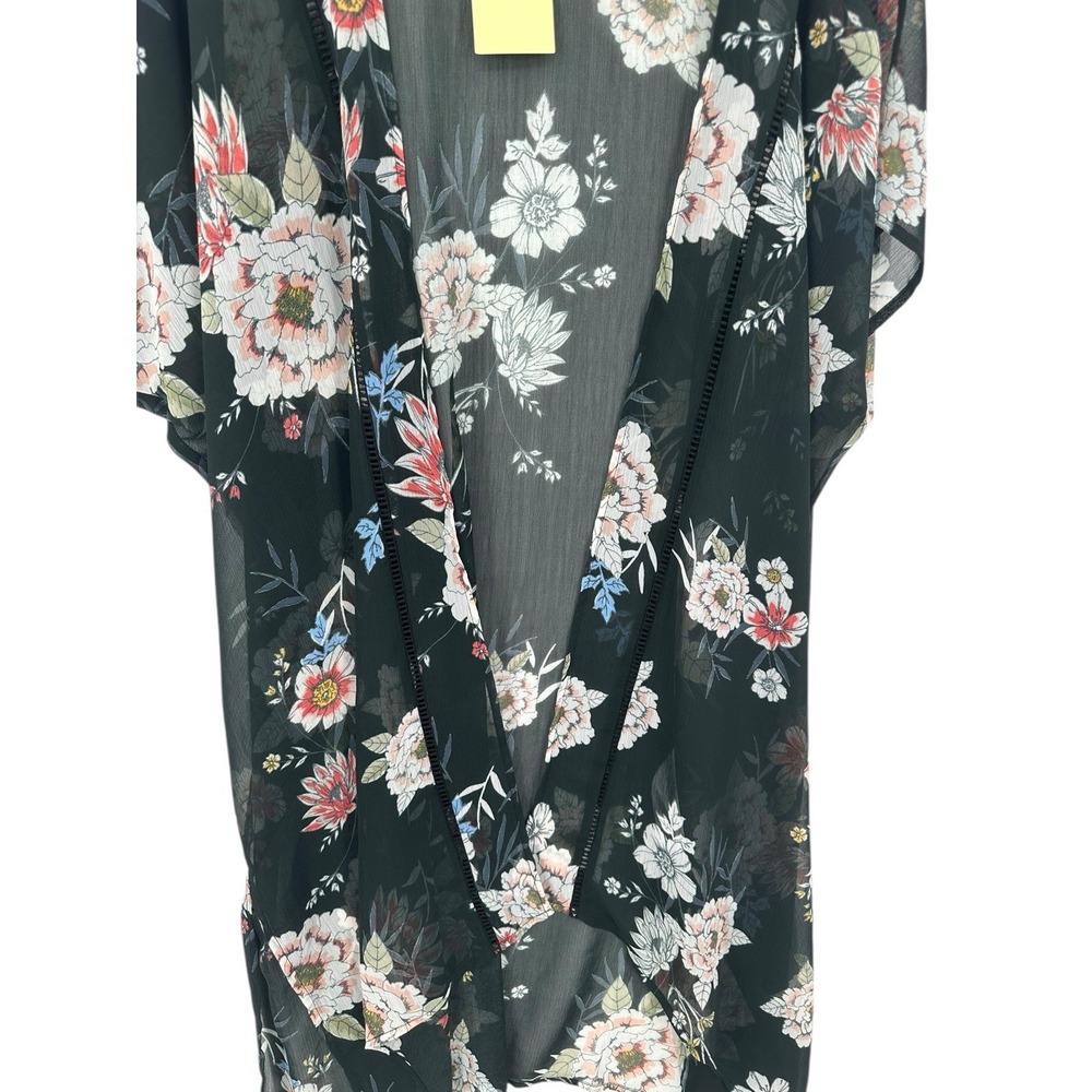 Band Of Gypsies Boho Kimono Cover Up Duster Sheer Black Floral Oversized Size M - Picture 7 of 9